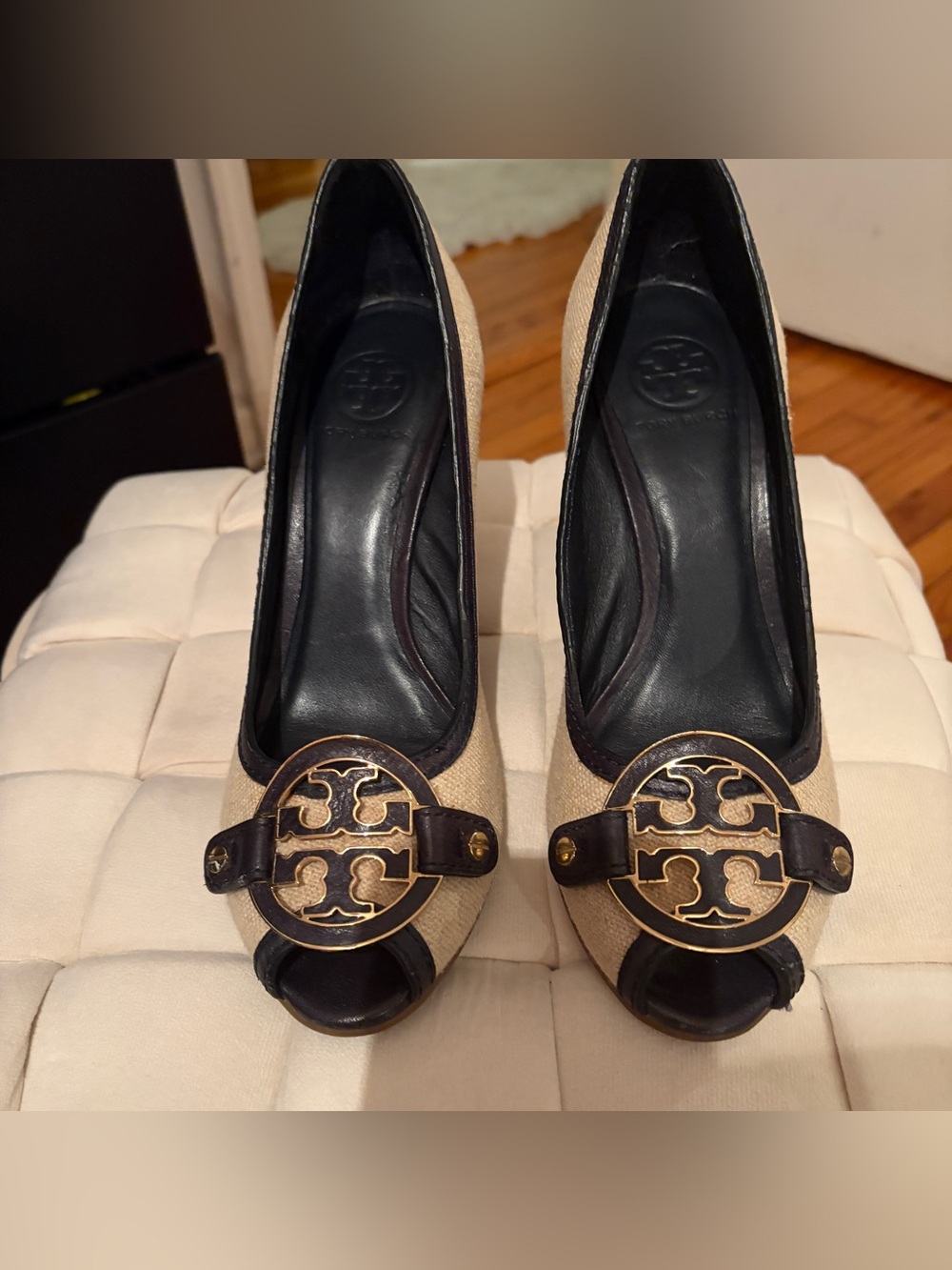 Tory Burch Beige Canvas and Black Leather Peep-Toe wedge Heels with Gold Logo